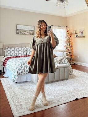 Entro Olive Embroidered Puff-Sleeve Embroidered Mini Dress